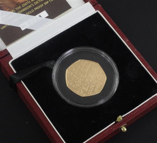 A cased Royal Mint 2005 gold proof 50p coin, commemorating Samuel Johnsons Dictionary, no. 0228/1000.